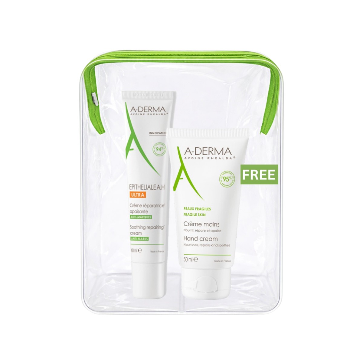 A-Derma Epitheliale AH Ultra Anti-mark Repairing Cream And A-Derma Oat Rhealba Hand Cream Buy 1 Get 1 Pouch Bundle
