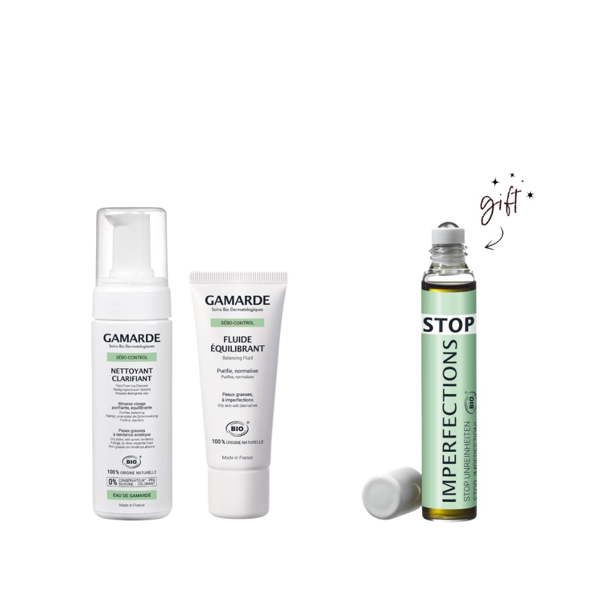 Gamarde Foaming Cleanser & Balancing Fluid Bundle + Free Roll On