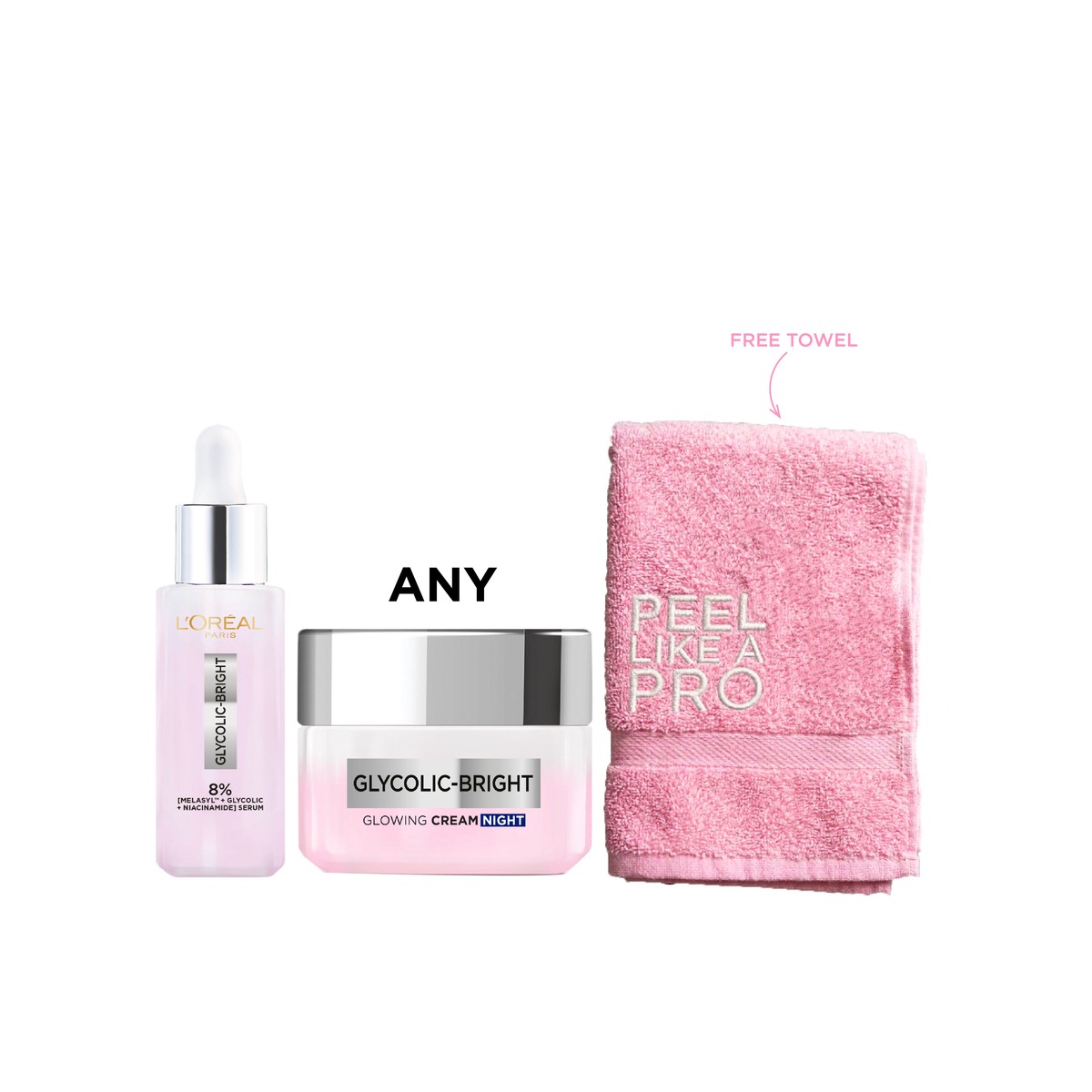 LOral Paris Glycolic Bright Serum & Cream Bundle + Free Towel