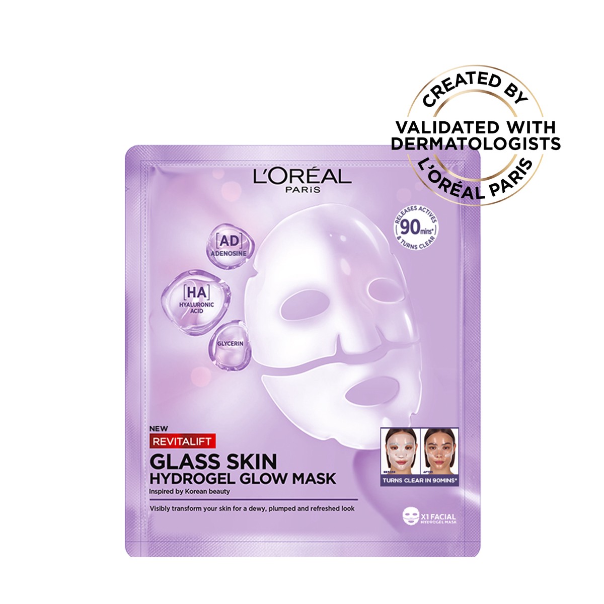 LOral Paris Revitalift Glass Skin Hydrogel Glow Mask, Transform Your Skin For A Dewy, Plumped, Glass Skin In Only 90 Minutes