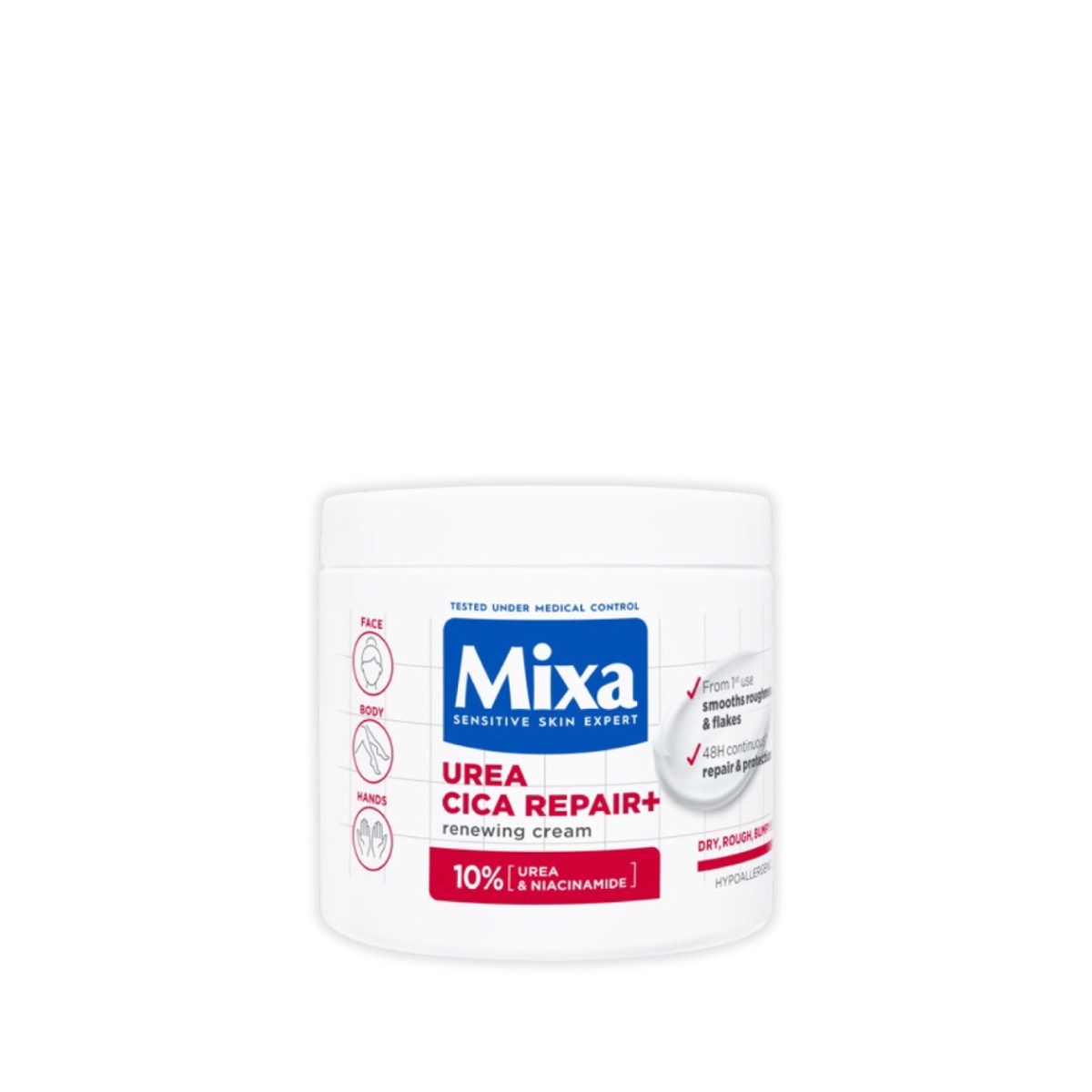 Mixa Urea Cica Repair Moisturizing Cream Jar - For Keratosis Pilaris, Dry, Flaky, Strawberry, Rough, & Fragile Skin & Tiny Reddish Bumps With 10% Urea and Niacinamide For Face, Han