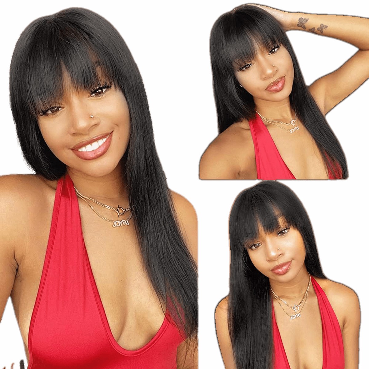 Human hair wig with bangs Natural black
