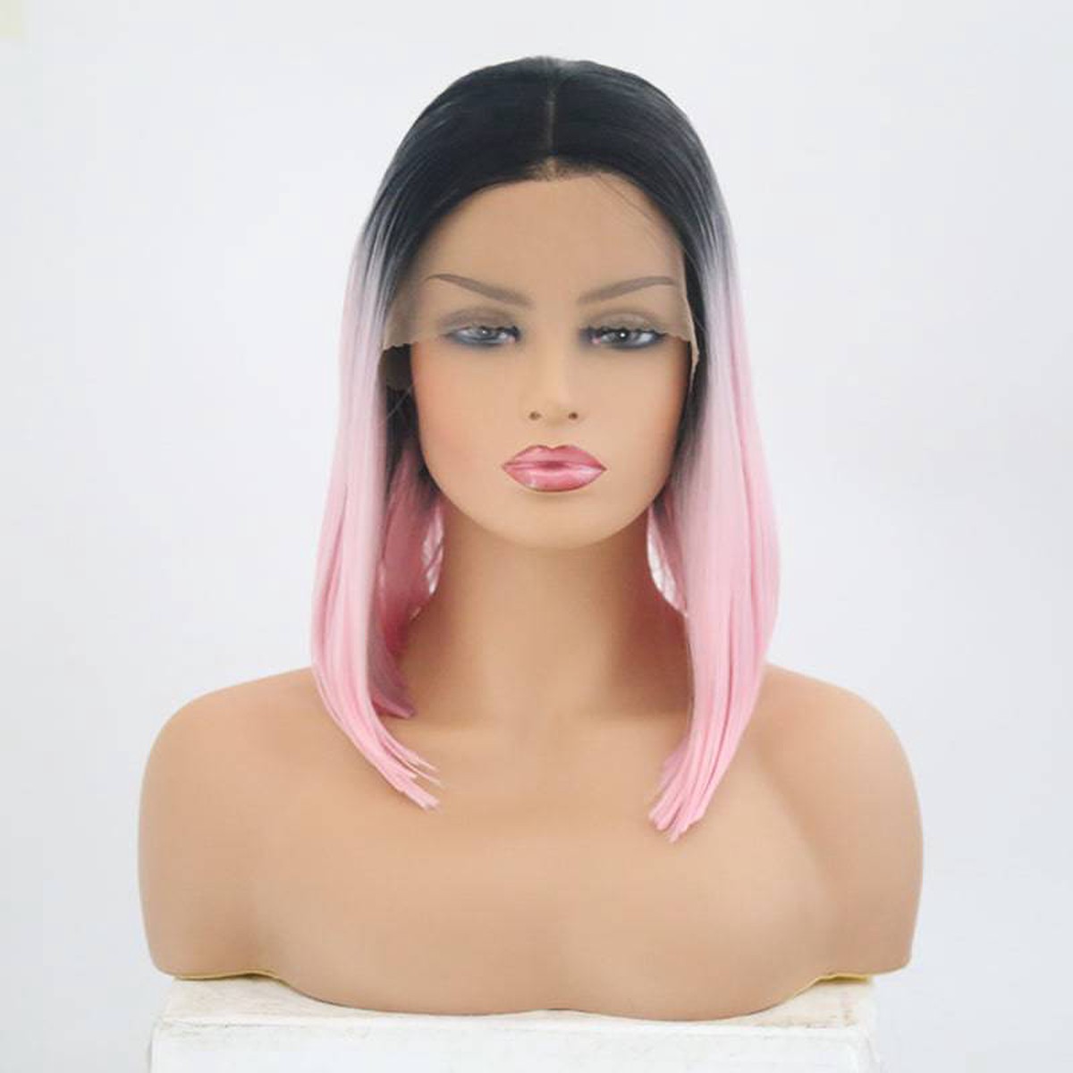 VIP Extensions Off Black to Light Pink Straight Bob Synthetic Lace Front Wig, Style 25