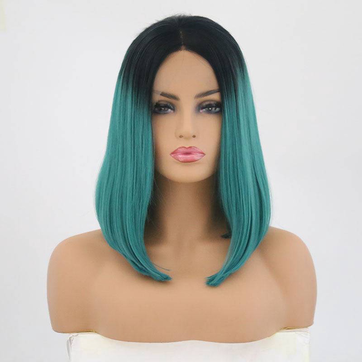 VIP Extensions Off Black to Teal Straight Bob Synthetic Lace Front Wig, 14", Color T1B/DB (81)