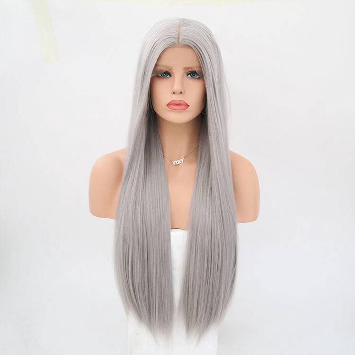 VIP Extensions Silver Grey Straight Synthetic Lace Front Wig, 24", Color 0906 (75)
