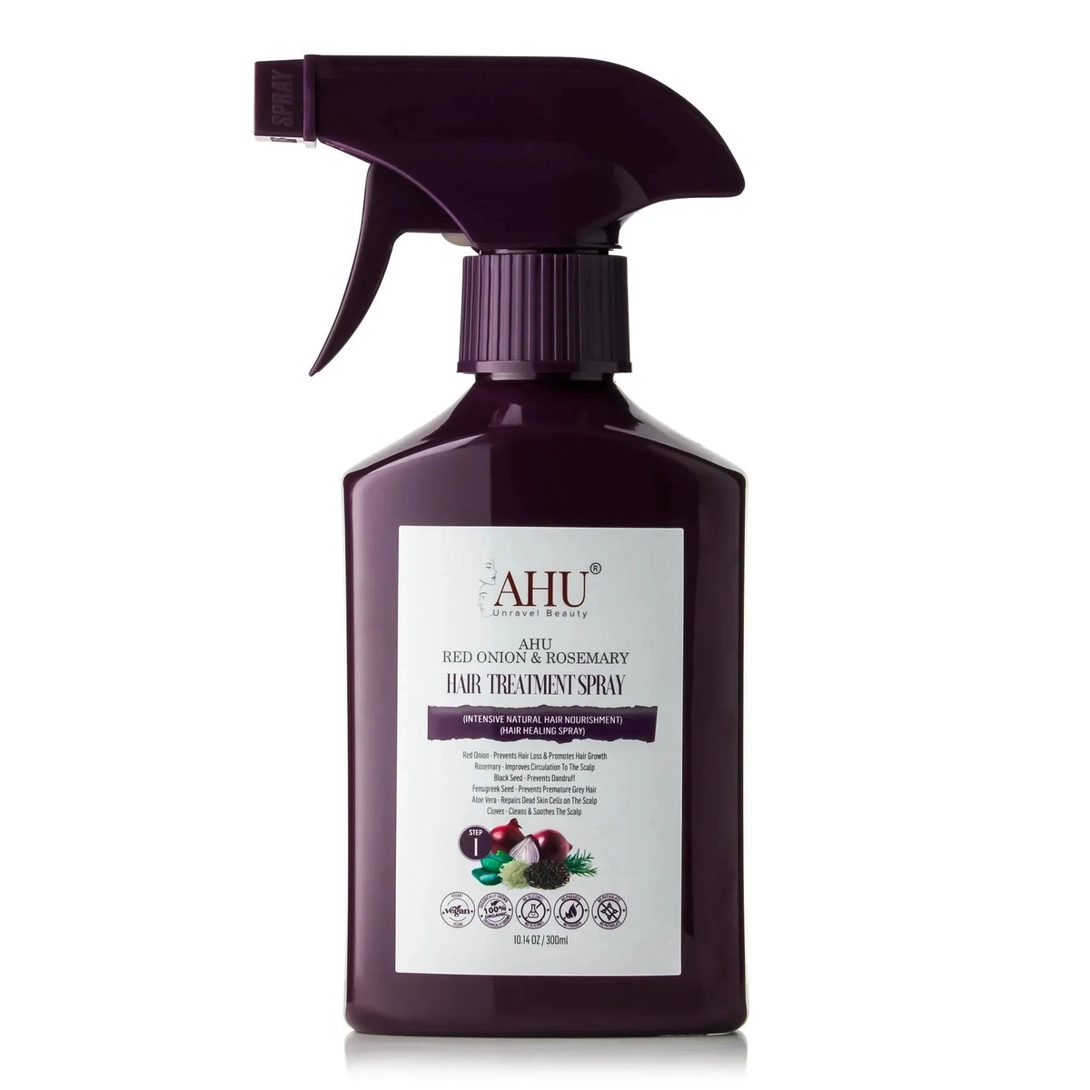 AHU Unravel Beauty Red Onion & Rosemary Hair Growth & Strengthening Treatment Spray for All Hair Types 300ml/10.14 oz
