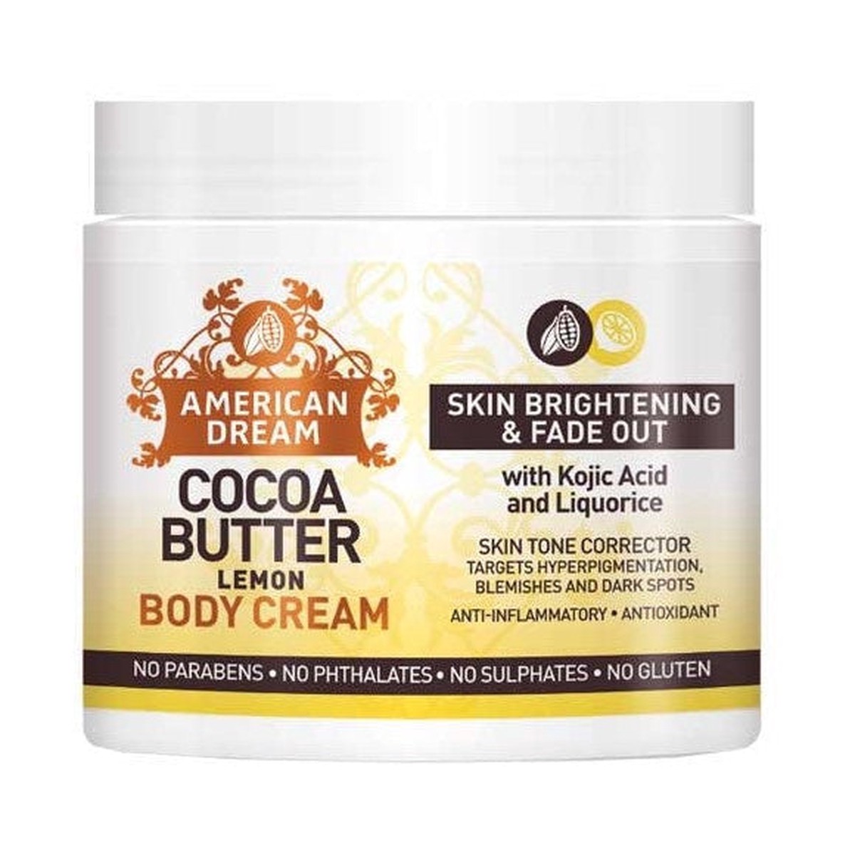 American Dream Cocoa Butter Lemon Body Cream 16oz Brightening Kojic Acid & Vitamin C Cream